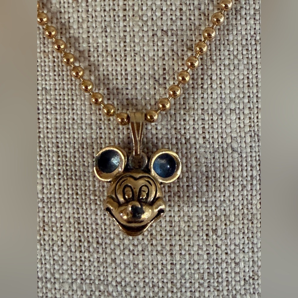 Dainty Vintage Disney Mickey Mouse Gold Tone Pendant Necklace Ball Chain